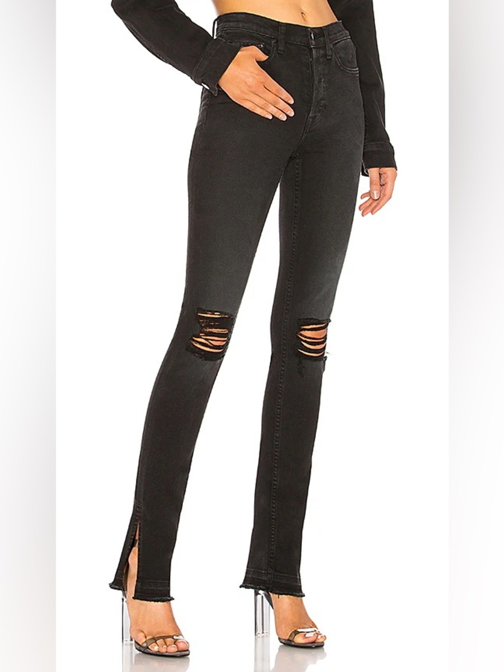 Cotton Citizen Black Distressed Skinny Jeans with Hem Slit